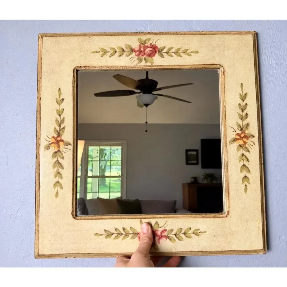 Vintage Hand-Painted Rose Floral Mirror, Cottagecore Shabby Chic Wall Decor